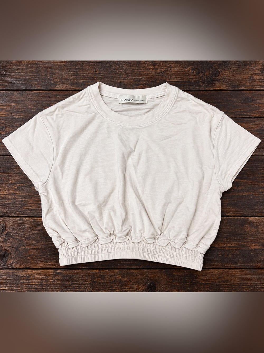 Zenana Cropped Elastic Hem Tee – Sand Beige – Size small or medium